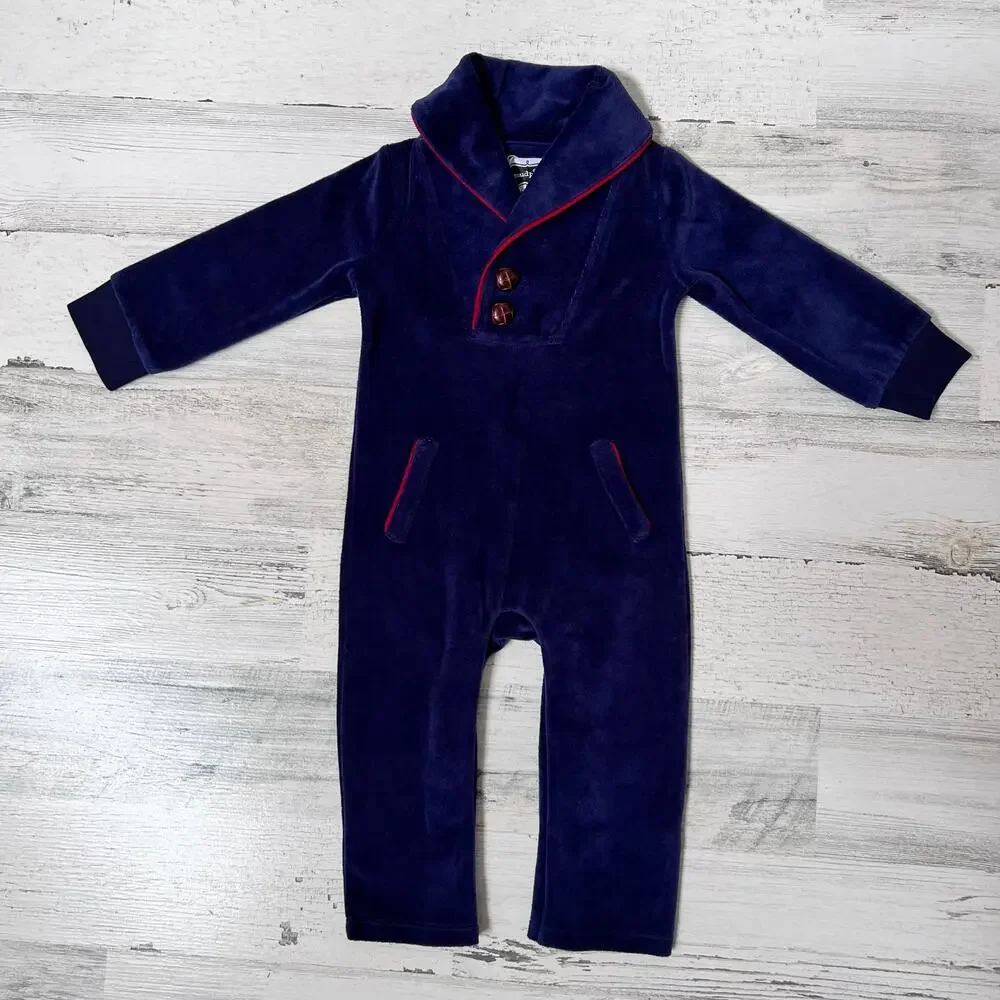 Mud Pie One Piece Baby Boys 6-9M Navy Velour Romper Plaid Patch Shawl Collar New